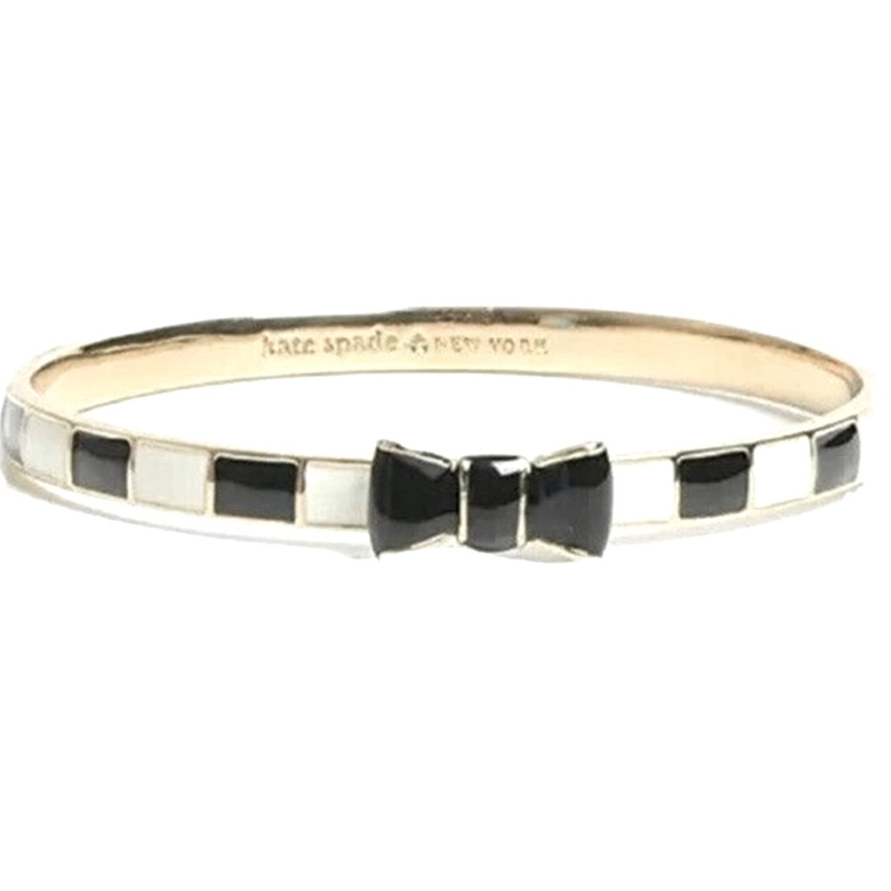 NWOT Kate Spade Black & White Stripe Bangle w/Black Bow Lined in Gold
